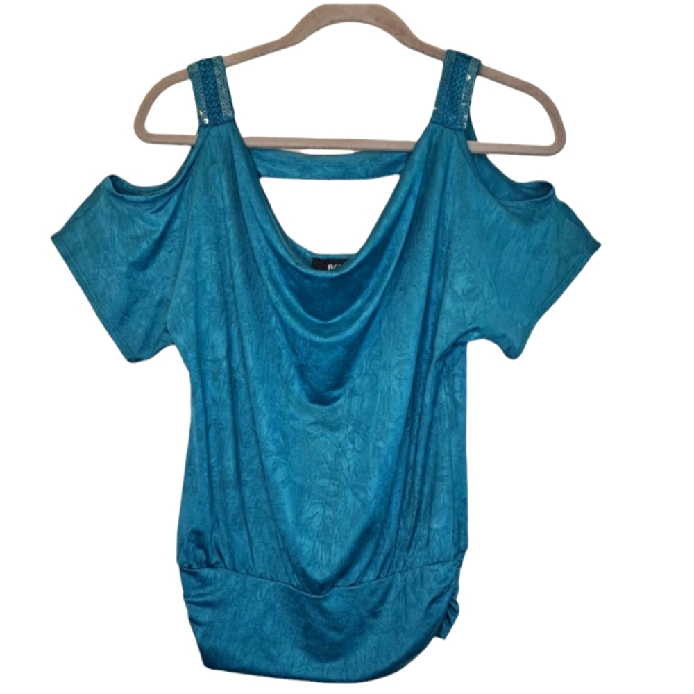 BCX Blue Cowl Neck Cold Shoulder Shiny Blouse Size XS